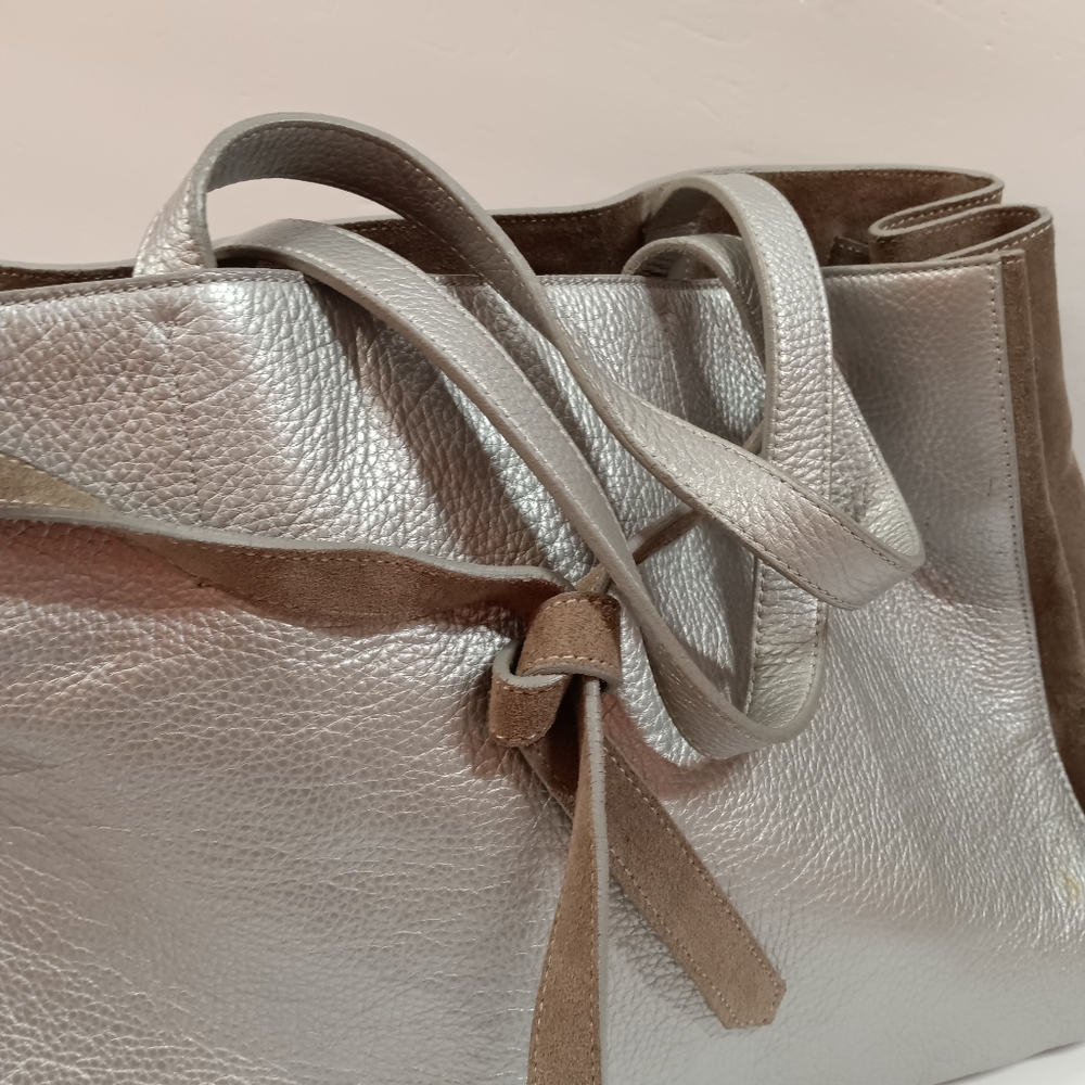 Alberta Di Canio Leather & Suede Tote Metallic Silver Tote Bag Purse - Picture 5 of 12